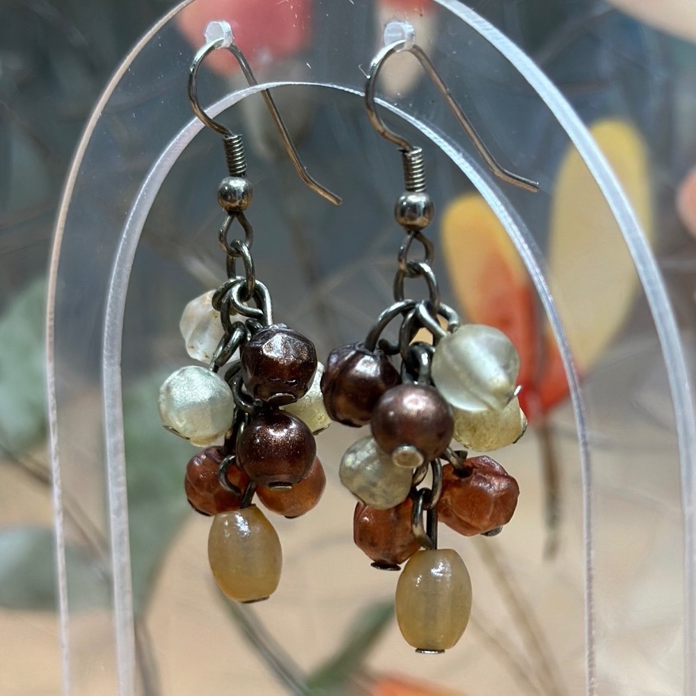 Women Earrings Brown Mocha Beaded Cluster Boho Earthy Drop Crystal Gysy Bronze